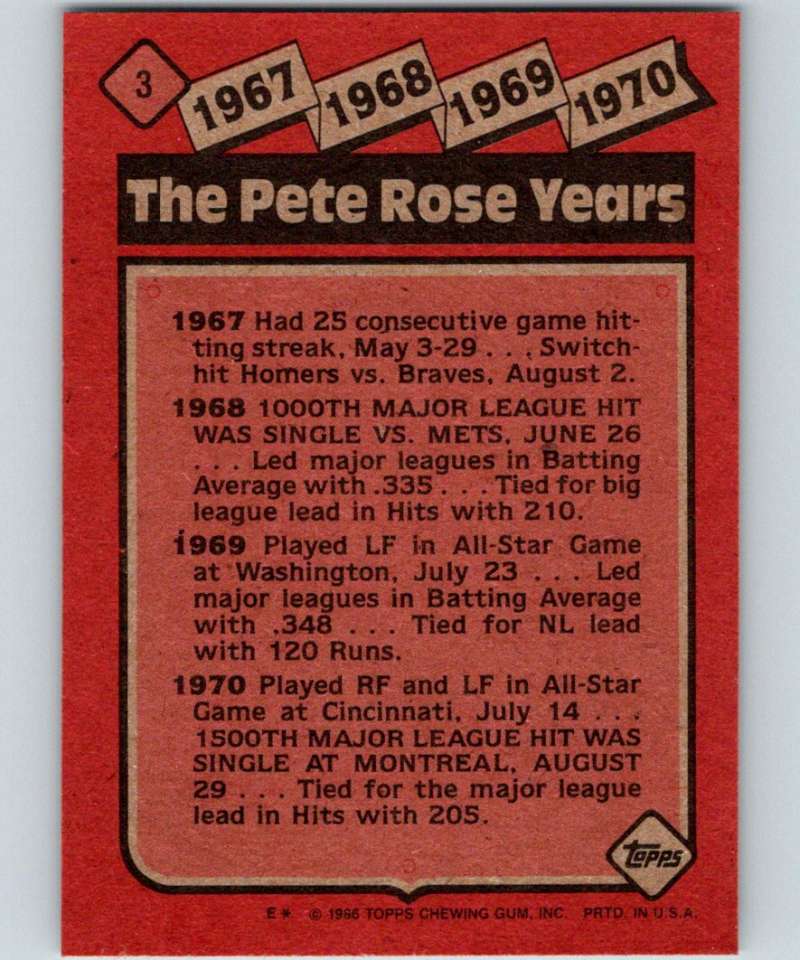 1986 Topps #3 Pete Rose Reds Rose Special: '67-'70 MLB Baseball Image 2