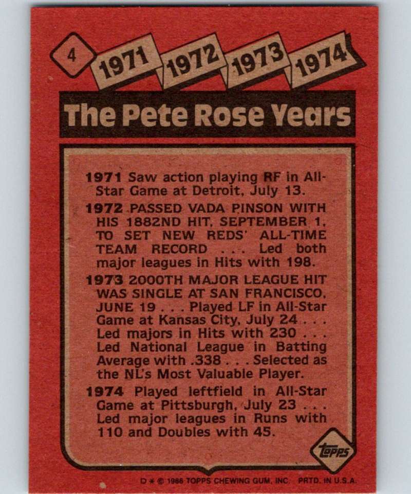 1986 Topps #4 Pete Rose Reds Rose Special: '71-'74 MLB Baseball Image 2