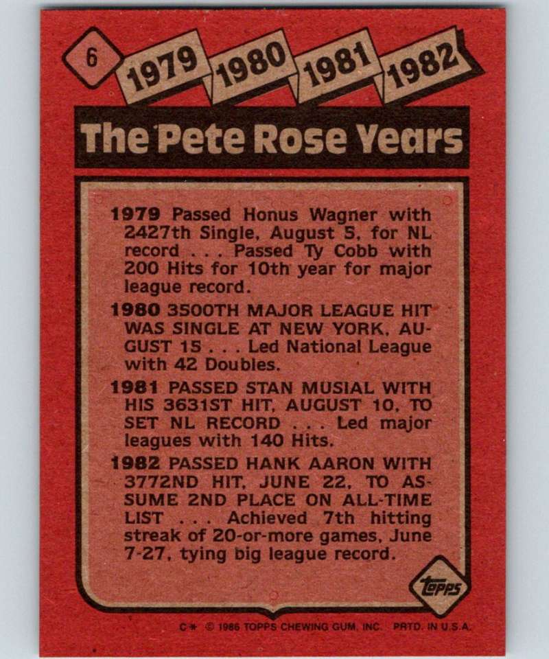 1986 Topps #6 Pete Rose Reds Rose Special: '79-'82 MLB Baseball Image 2