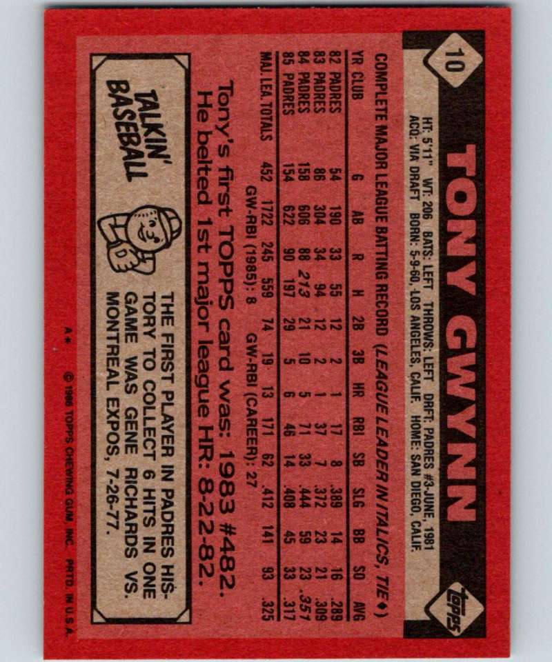 1986 Topps #10 Tony Gwynn Padres MLB Baseball
