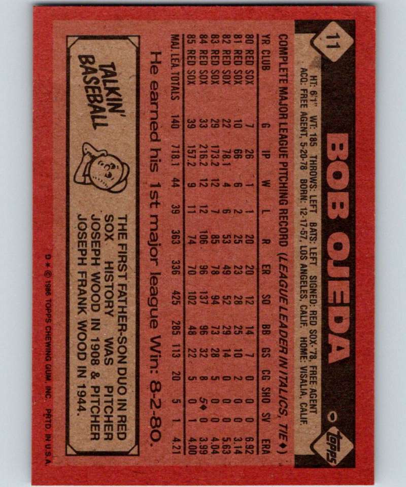 1986 Topps #11 Bob Ojeda Red Sox MLB Baseball Image 2