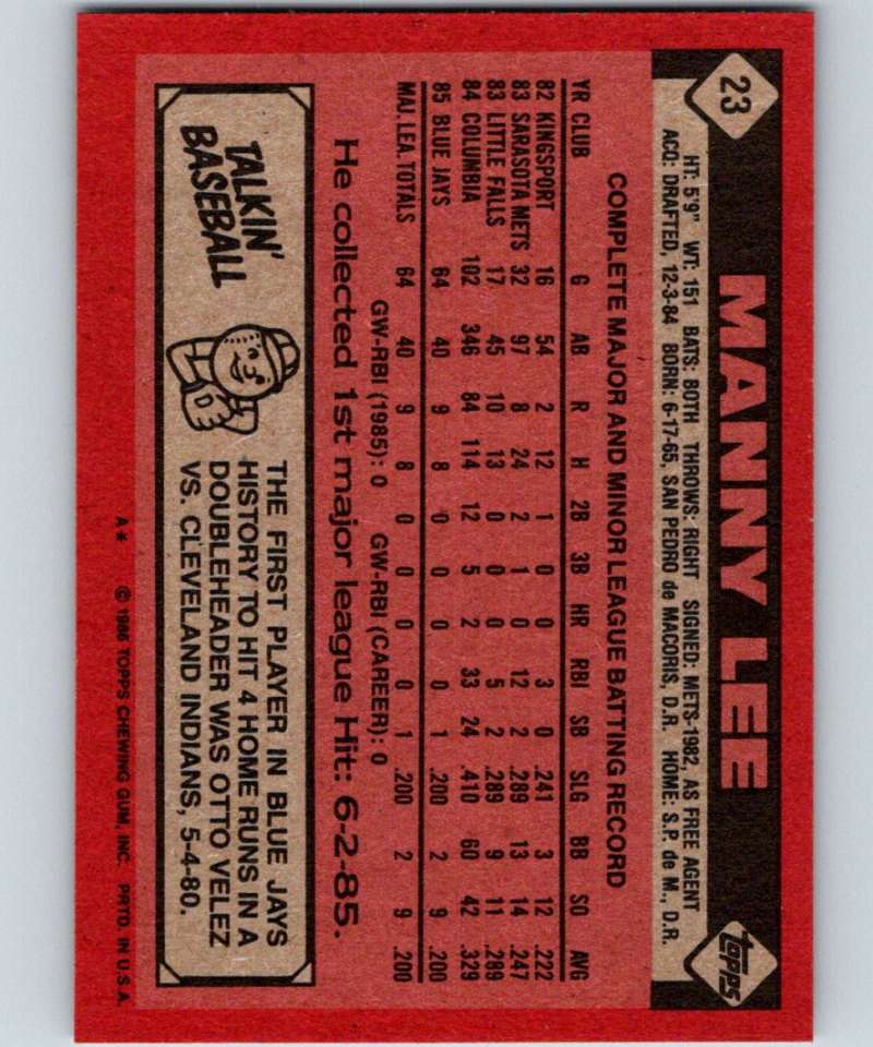 1986 Topps #23 Manuel Lee RC Rookie Blue Jays MLB Baseball
