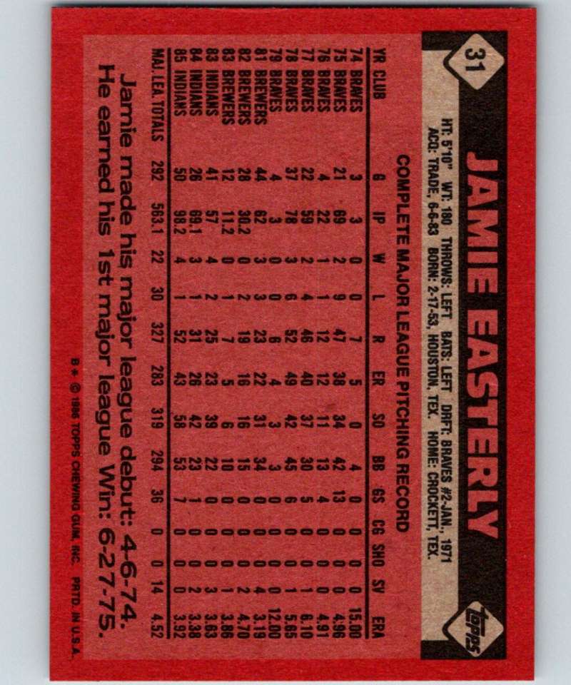 1986 Topps #31 Jamie Easterly Indians MLB Baseball Image 2