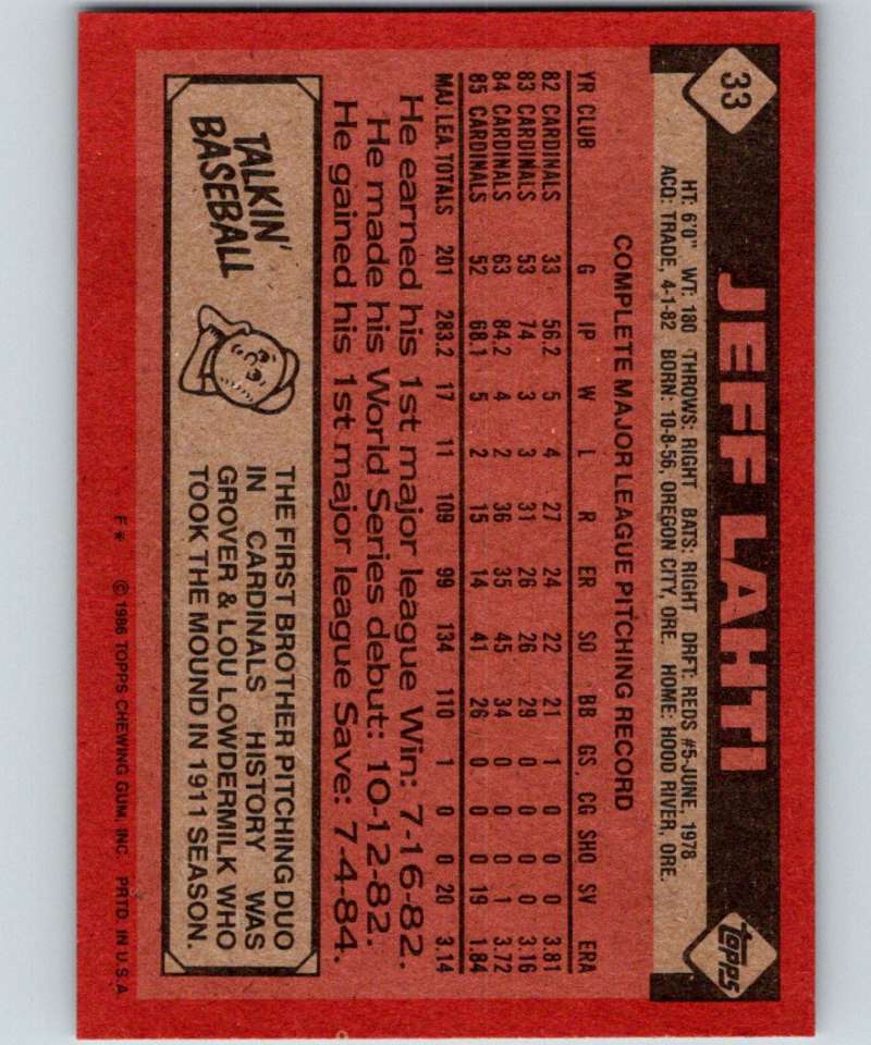 1986 Topps #33 Jeff Lahti Cardinals MLB Baseball Image 2