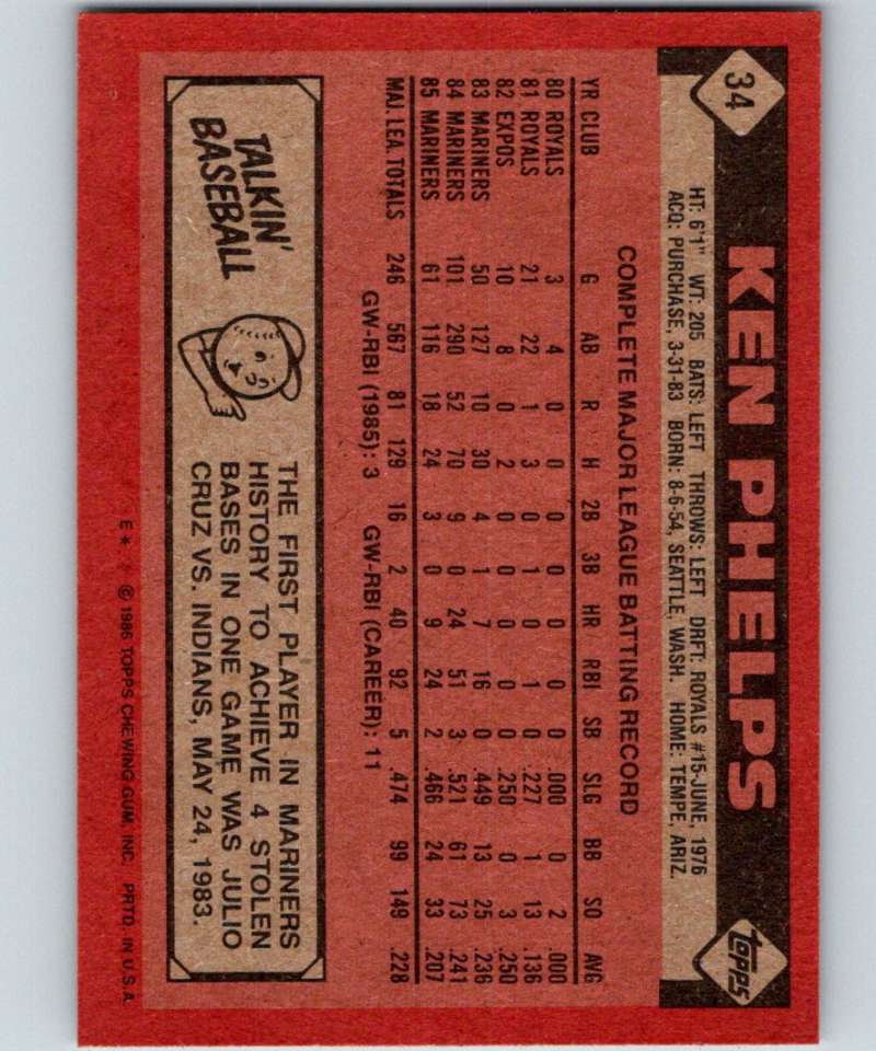 1986 Topps #34 Ken Phelps Mariners MLB Baseball Image 2