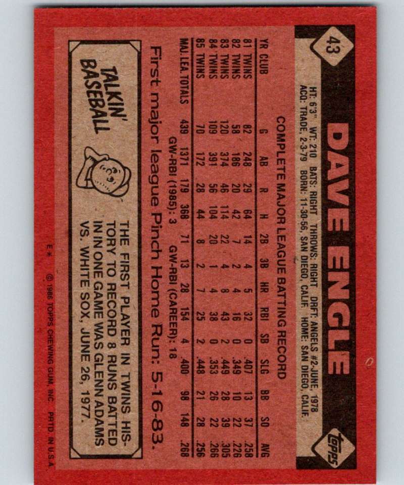 1986 Topps #43 Dave Engle Twins MLB Baseball Image 2