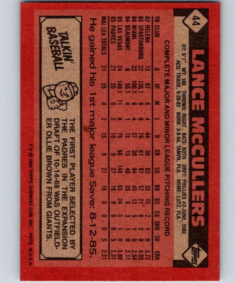 1986 Topps #44 Lance McCullers RC Rookie Padres MLB Baseball