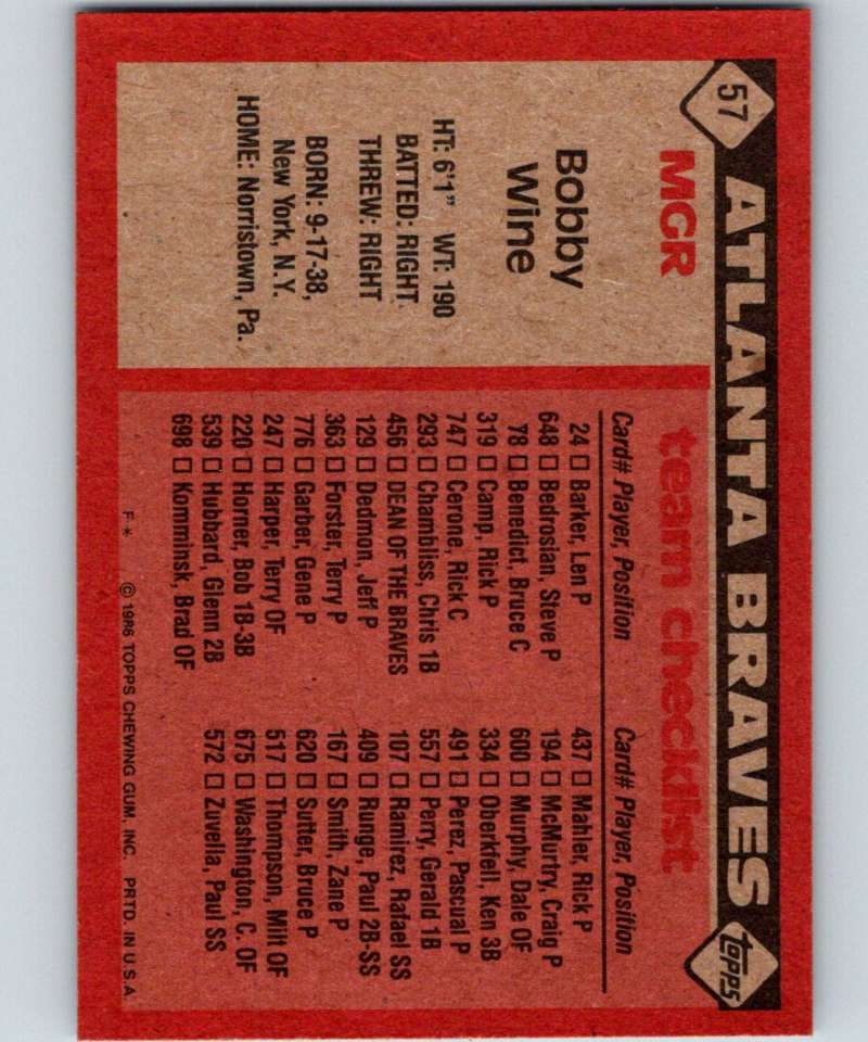 1986 Topps #51 Bobby Wine Braves UER MLB Baseball