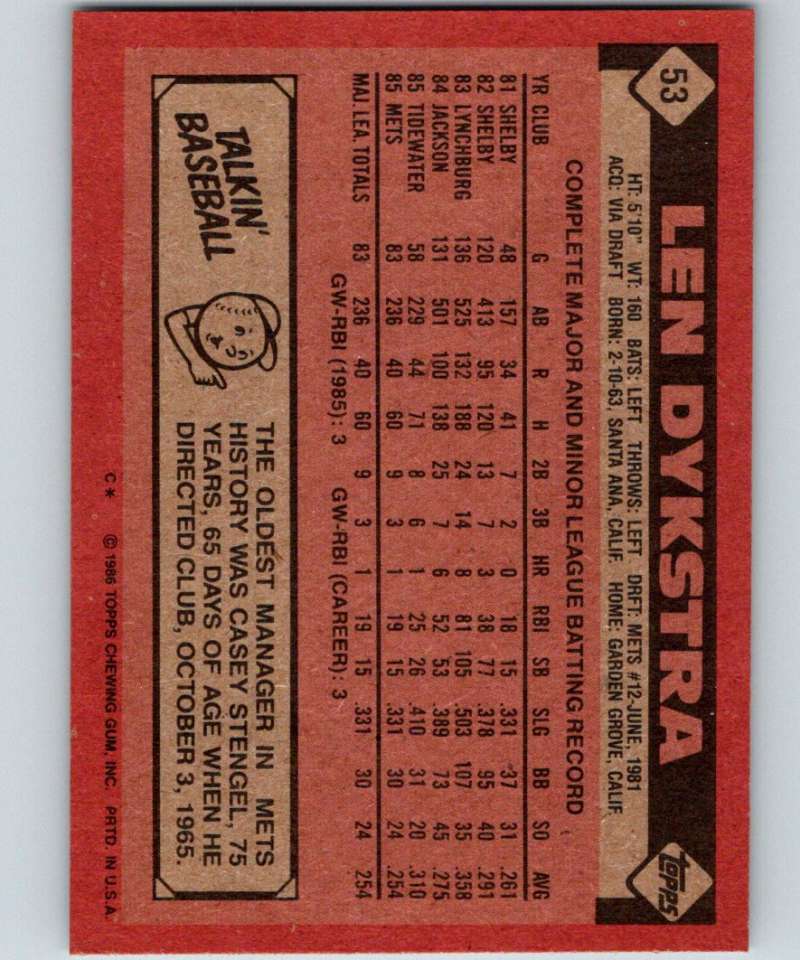 1986 Topps #53 Lenny Dykstra RC Rookie Mets MLB Baseball