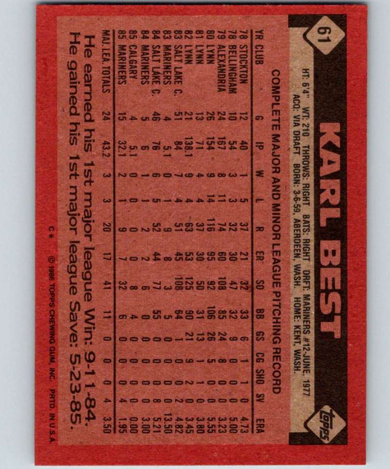 1986 Topps #61 Karl Best RC Rookie Mariners MLB Baseball Image 2
