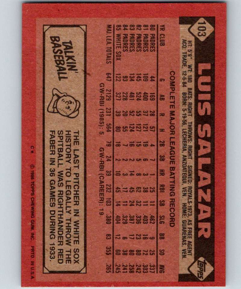 1986 Topps #103 Luis Salazar White Sox MLB Baseball Image 2