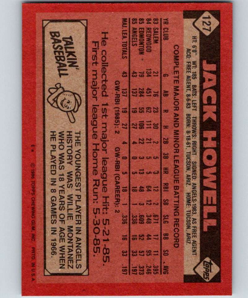1986 Topps #127 Jack Howell RC Rookie Angels MLB Baseball Image 2
