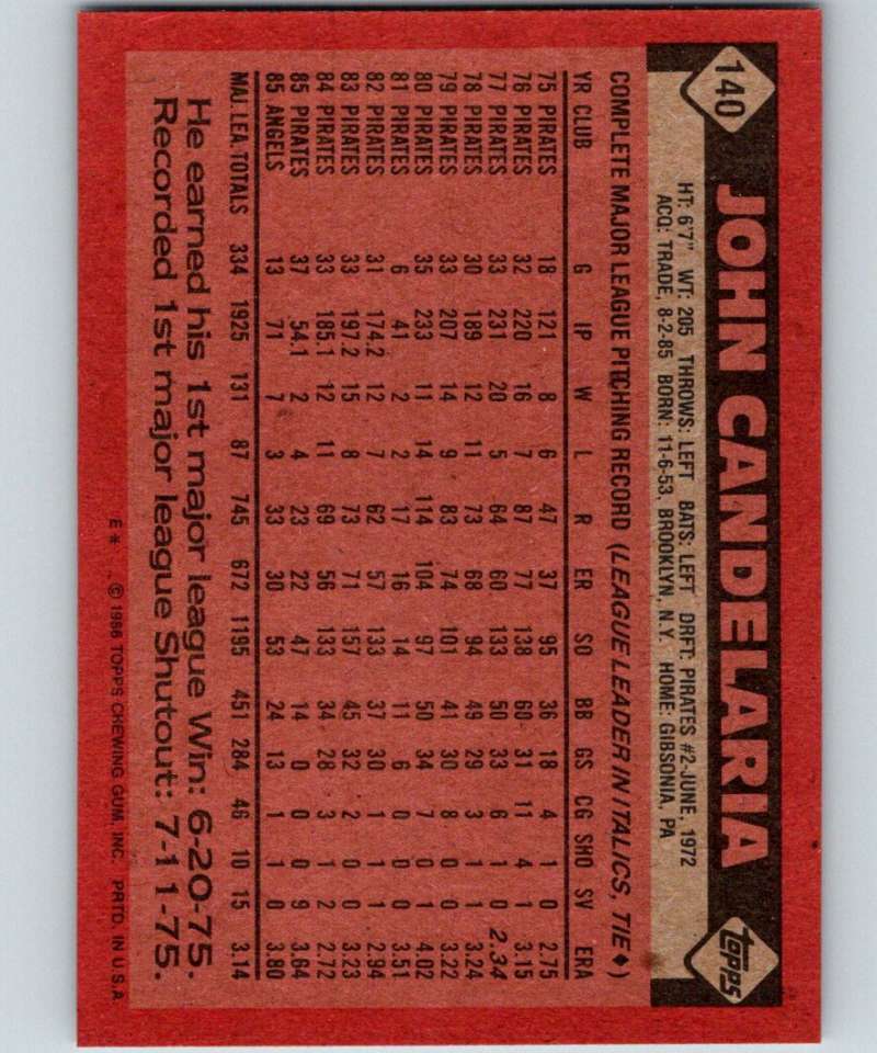 1986 Topps #140 John Candelaria Angels MLB Baseball Image 2