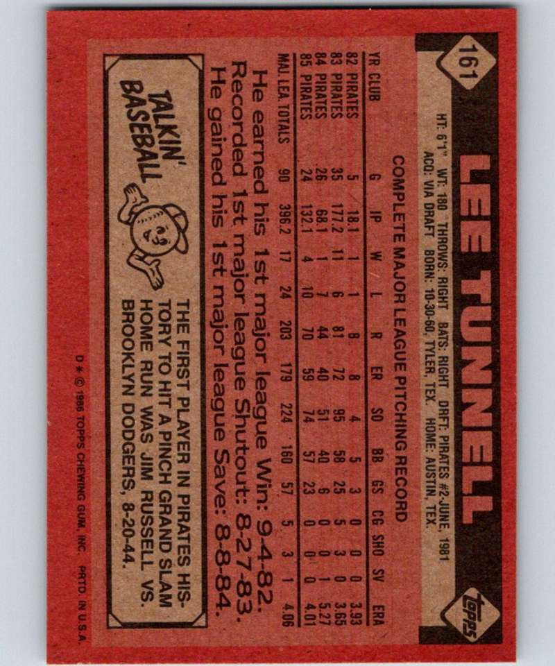 1986 Topps #161 Lee Tunnell Pirates MLB Baseball Image 2
