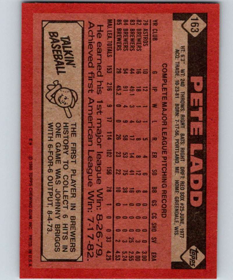 1986 Topps #163 Pete Ladd Brewers MLB Baseball Image 2
