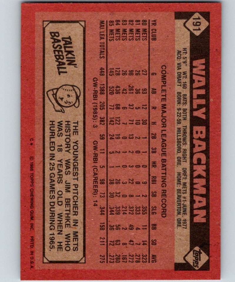 1986 Topps #191 Wally Backman Mets MLB Baseball Image 2