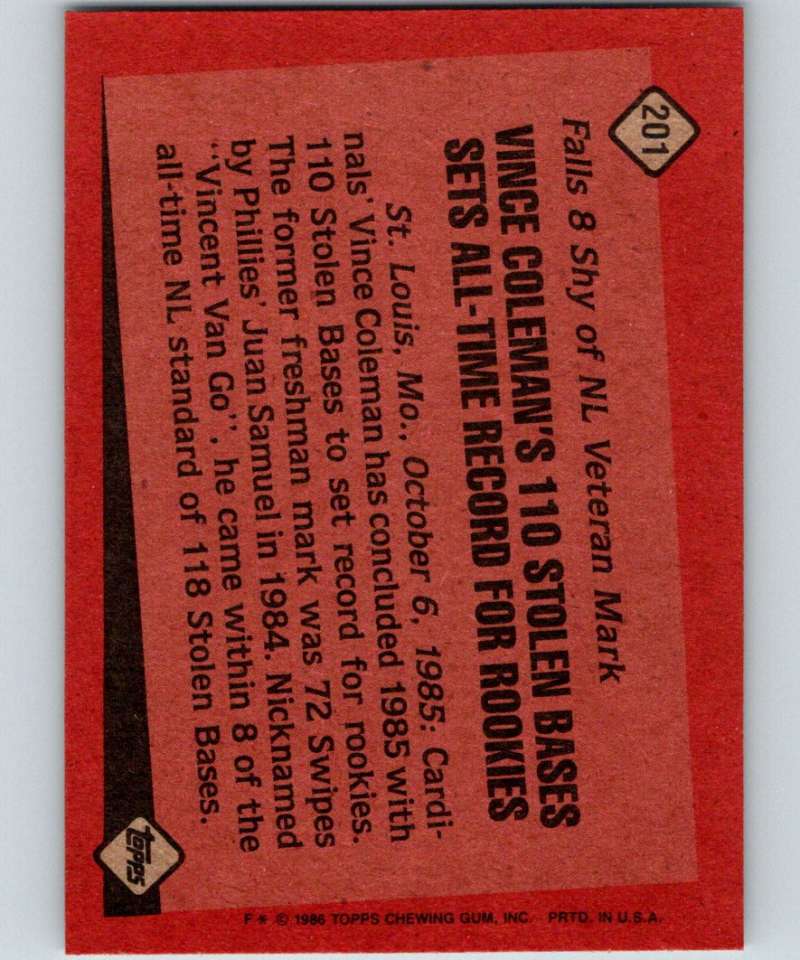 1986 Topps #201 Vince Coleman Cardinals RB MLB Baseball Image 2