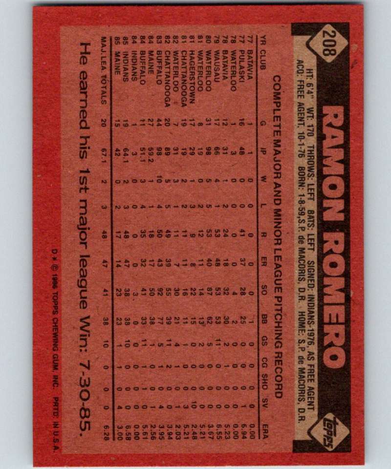 1986 Topps #208 Ramon Romero Indians MLB Baseball Image 2