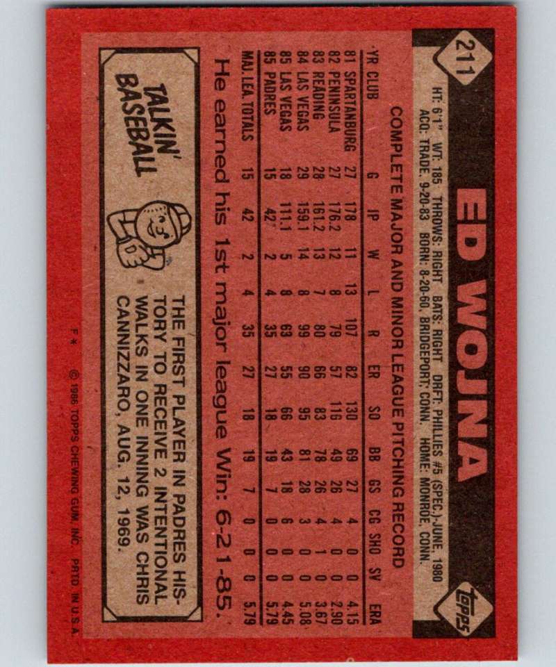 1986 Topps #211 Ed Wojna Padres MLB Baseball Image 2