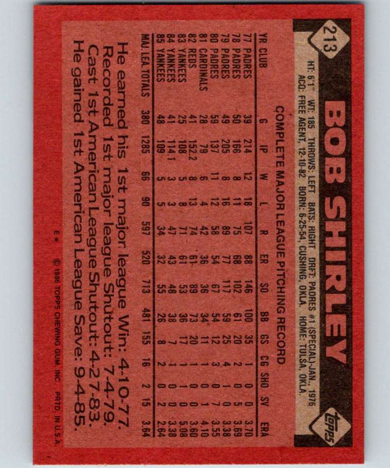 1986 Topps #213 Bob Shirley Yankees MLB Baseball