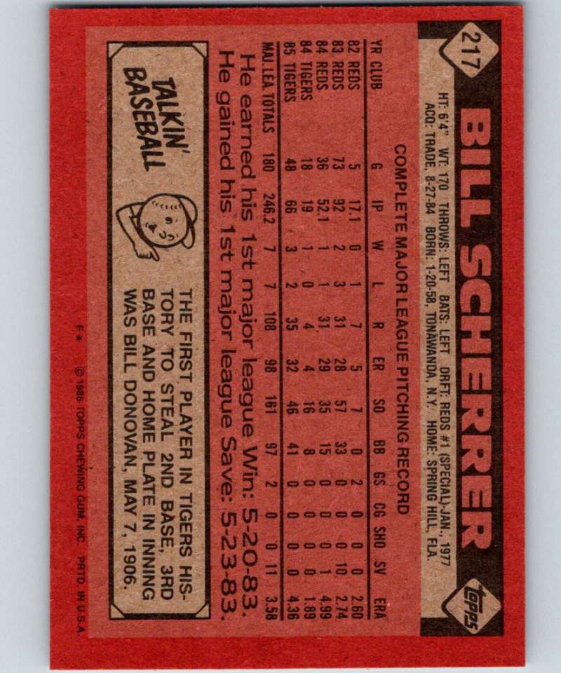 1986 Topps #217 Bill Scherrer Tigers MLB Baseball