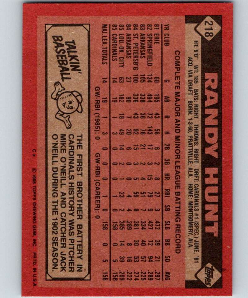 1986 Topps #218 Randy Hunt RC Rookie Cardinals MLB Baseball Image 2