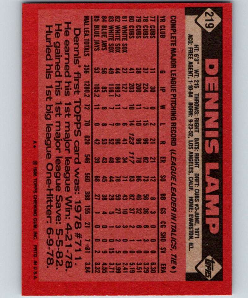 1986 Topps #219 Dennis Lamp Blue Jays MLB Baseball Image 2