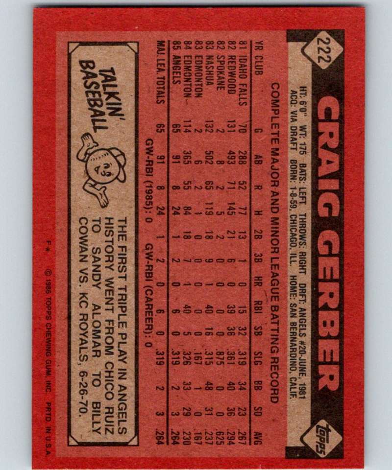 1986 Topps #222 Craig Gerber RC Rookie Angels MLB Baseball Image 2