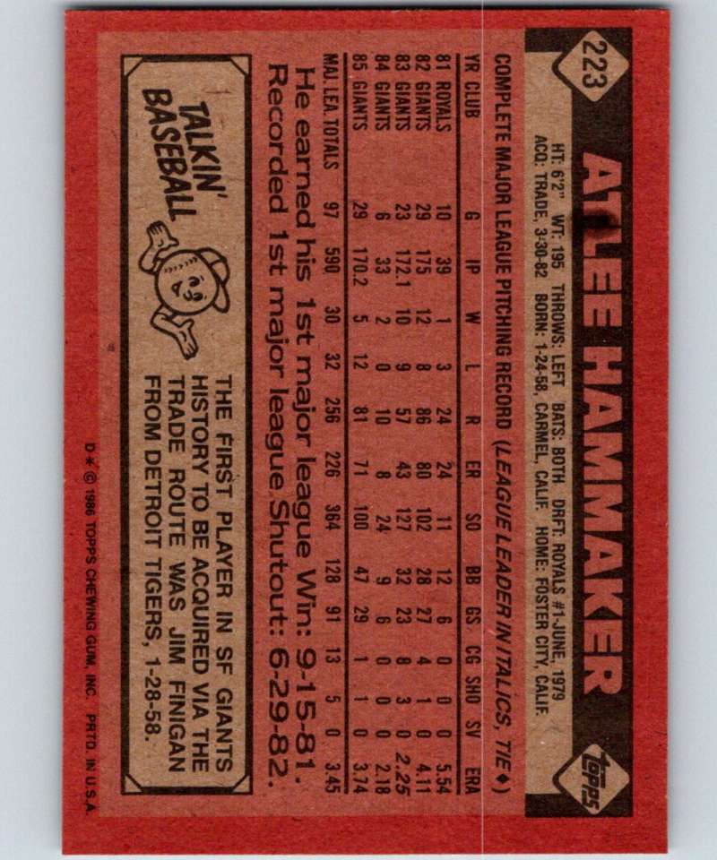 1986 Topps #223 Atlee Hammaker Giants MLB Baseball Image 2