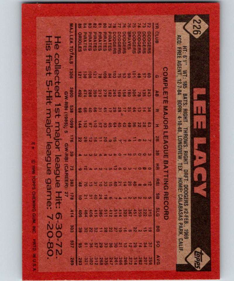 1986 Topps #226 Lee Lacy Orioles MLB Baseball Image 2