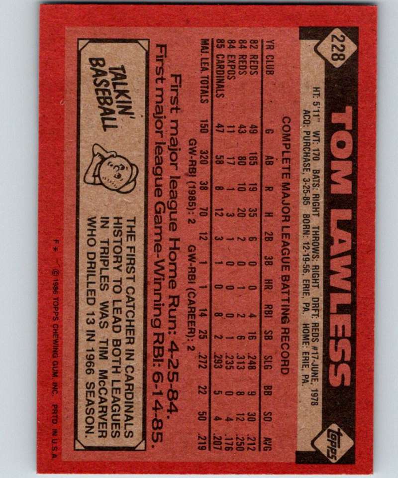 1986 Topps #228 Tom Lawless Cardinals MLB Baseball Image 2