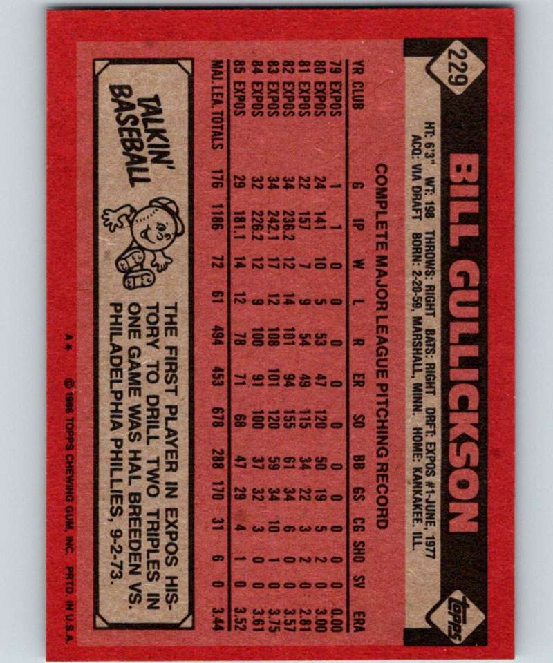 1986 Topps #229 Bill Gullickson Expos MLB Baseball Image 2