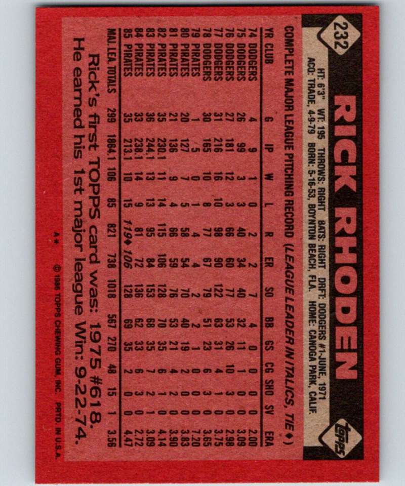 1986 Topps #232 Rick Rhoden Pirates MLB Baseball Image 2