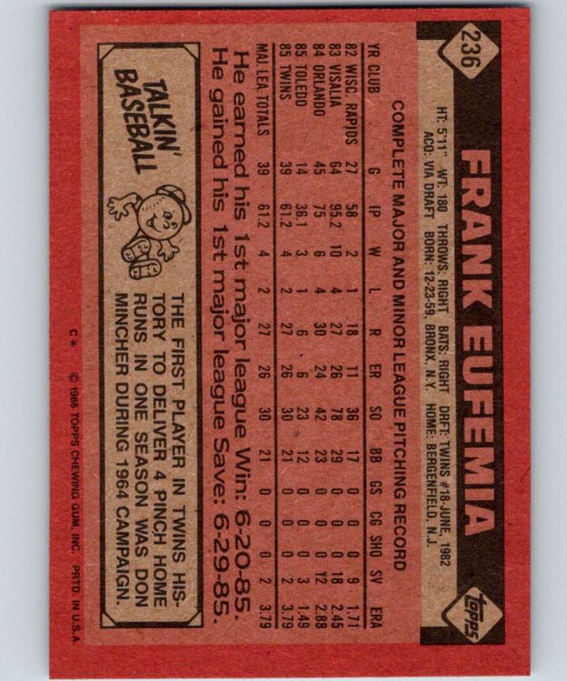 1986 Topps #236 Frank Eufemia RC Rookie Twins MLB Baseball Image 2