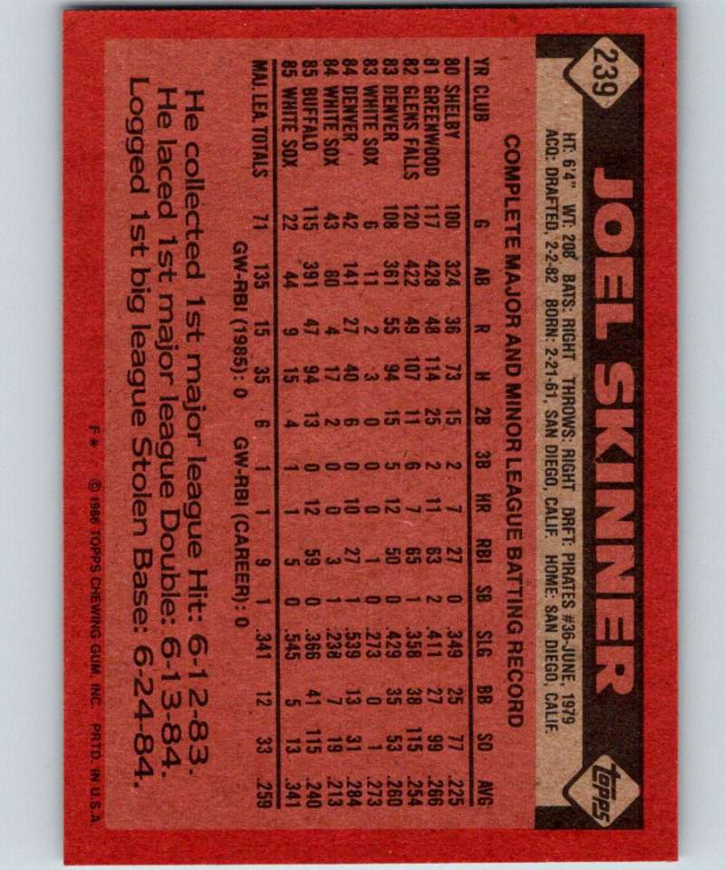 1986 Topps #239 Joel Skinner White Sox MLB Baseball Image 2