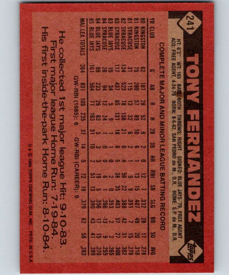 1986 Topps #241 Tony Fernandez Blue Jays MLB Baseball Image 2