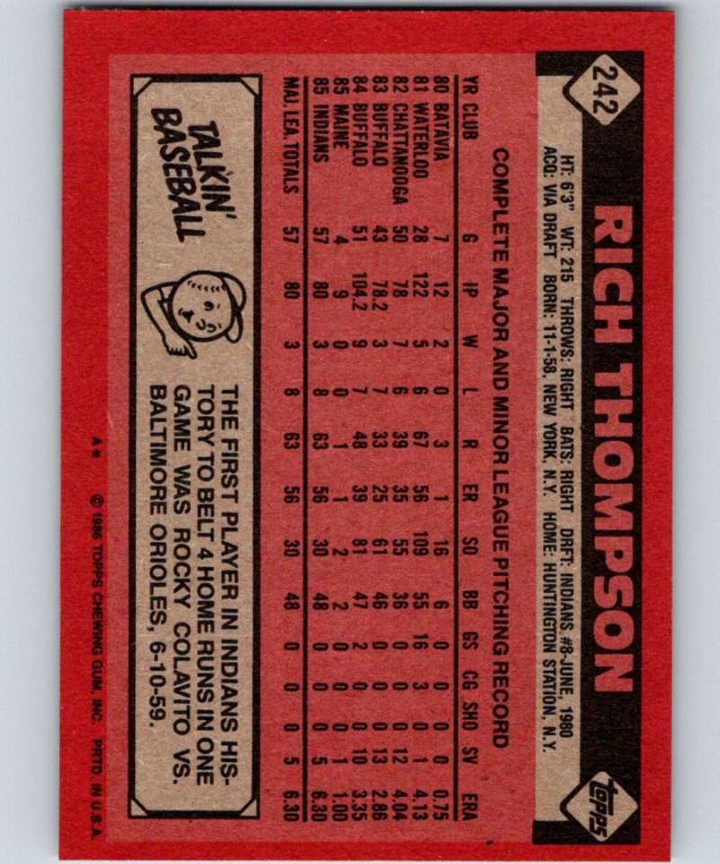 1986 Topps #242 Rich Thompson Indians MLB Baseball Image 2