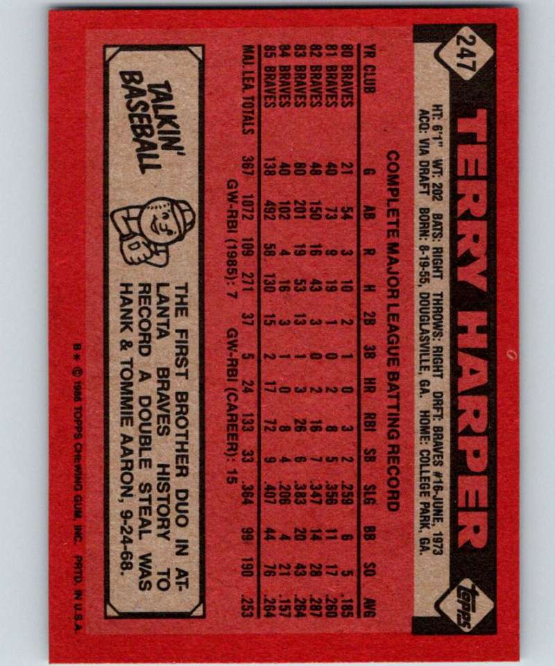 1986 Topps #247 Terry Harper Braves MLB Baseball Image 2