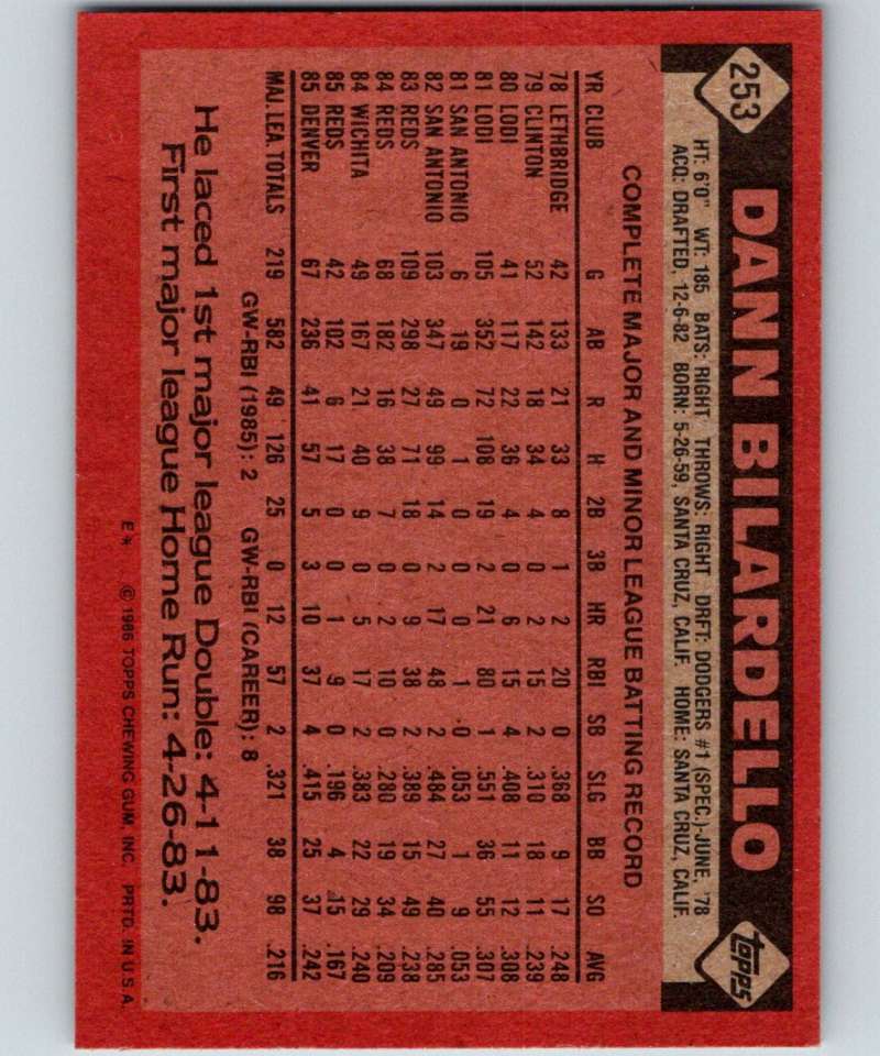 1986 Topps #253 Dann Bilardello Reds MLB Baseball