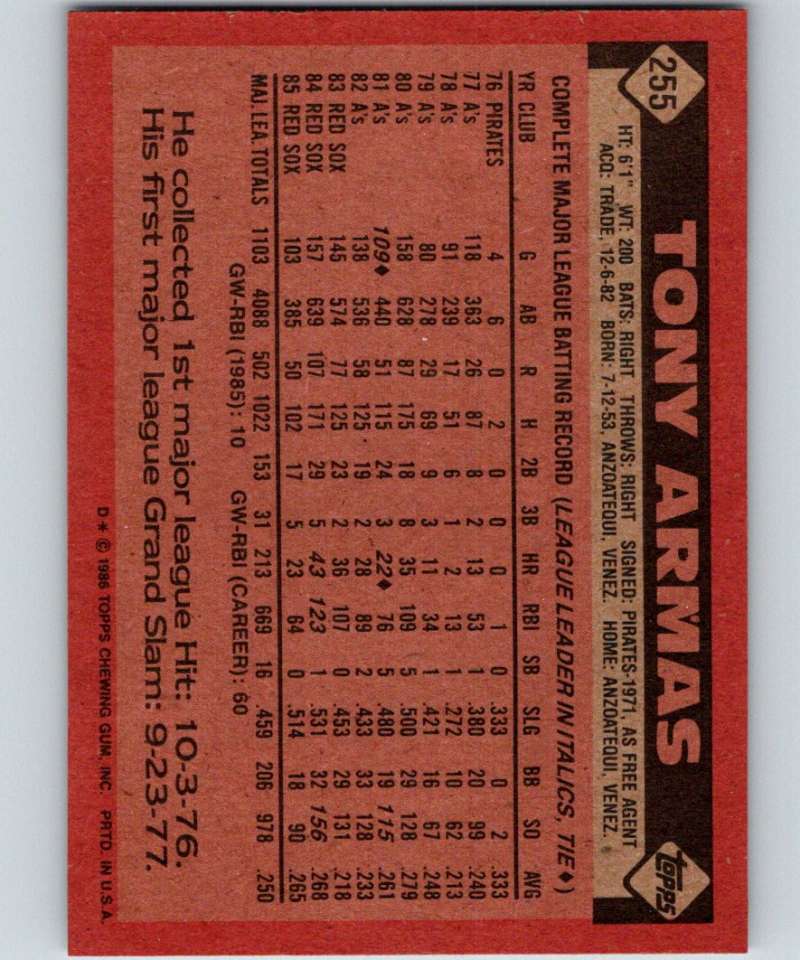 1986 Topps #255 Tony Armas Red Sox MLB Baseball Image 2
