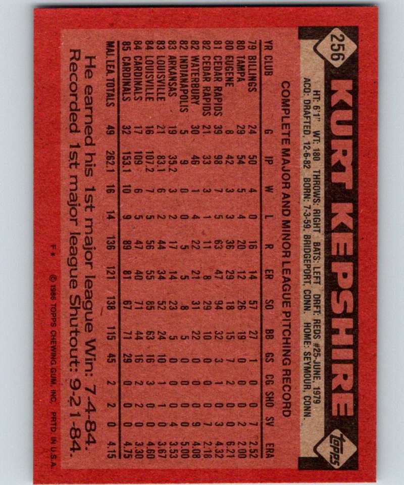 1986 Topps #256 Kurt Kepshire Cardinals MLB Baseball Image 2
