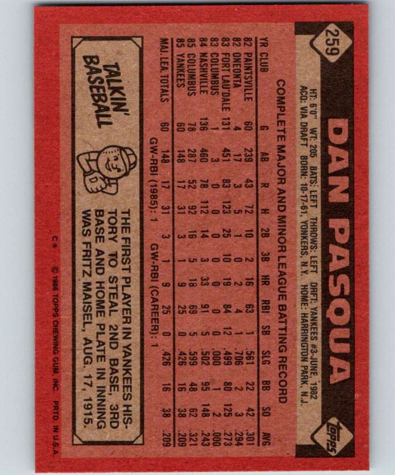 1986 Topps #259 Dan Pasqua Yankees MLB Baseball Image 2