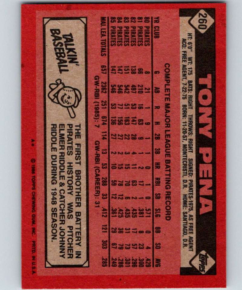 1986 Topps #260 Tony Pena Pirates MLB Baseball Image 2