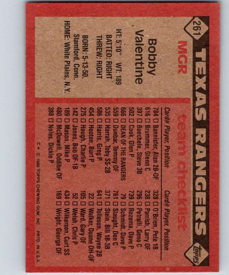 1986 Topps #261 Bobby Valentine Rangers MG MLB Baseball Image 2