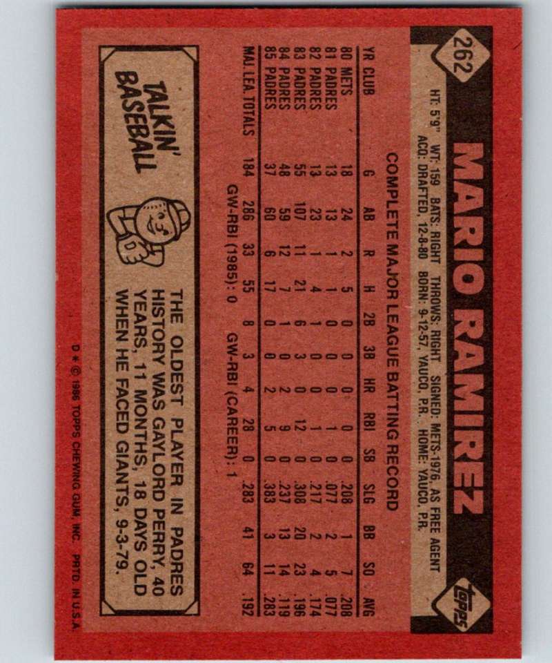 1986 Topps #262 Mario Ramirez Padres MLB Baseball