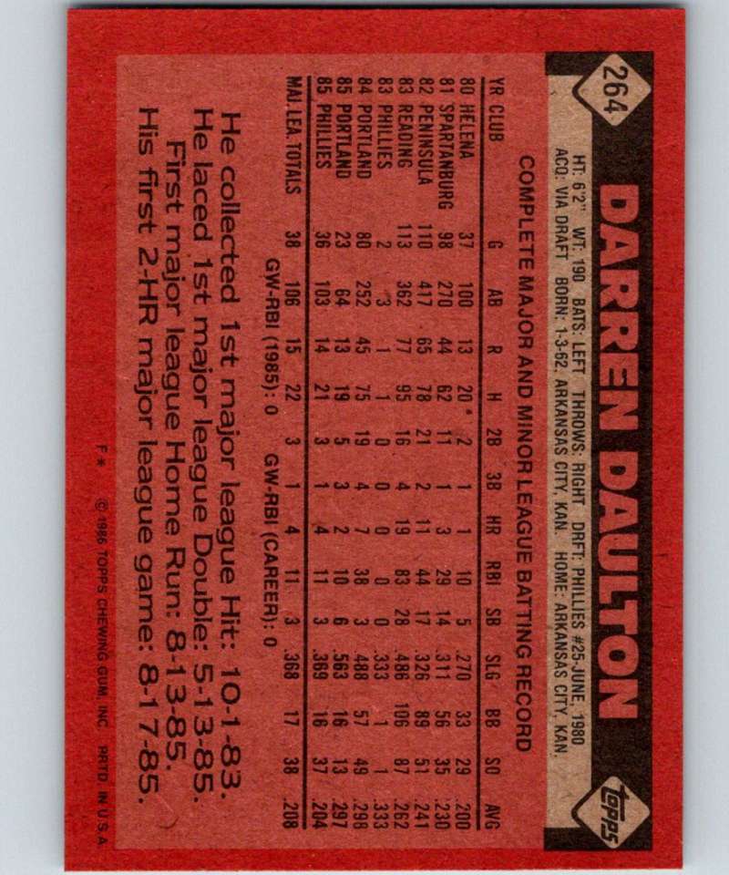 1986 Topps #264 Darren Daulton RC Rookie Phillies MLB Baseball