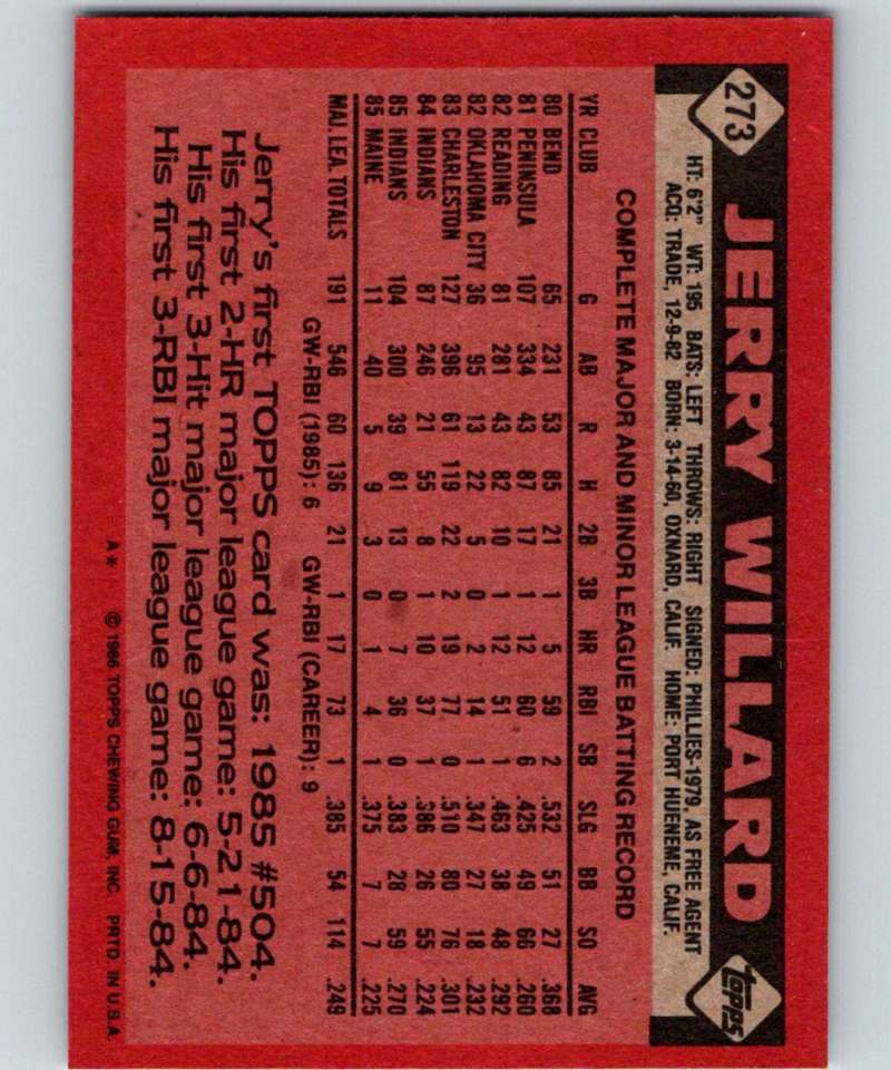 1986 Topps #273 Jerry Willard Indians MLB Baseball Image 2