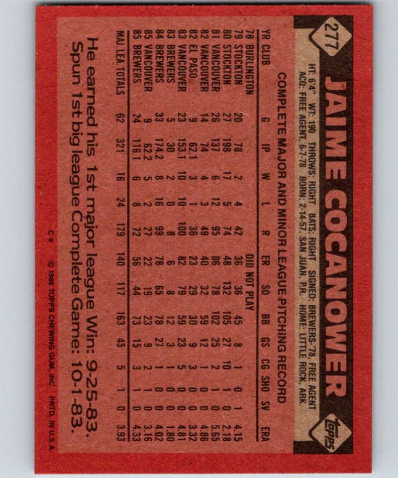 1986 Topps #277 Jaime Cocanower Brewers MLB Baseball Image 2