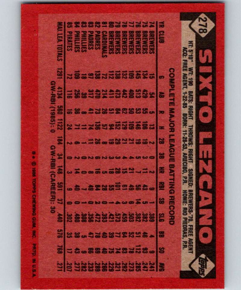 1986 Topps #278 Sixto Lezcano Pirates MLB Baseball