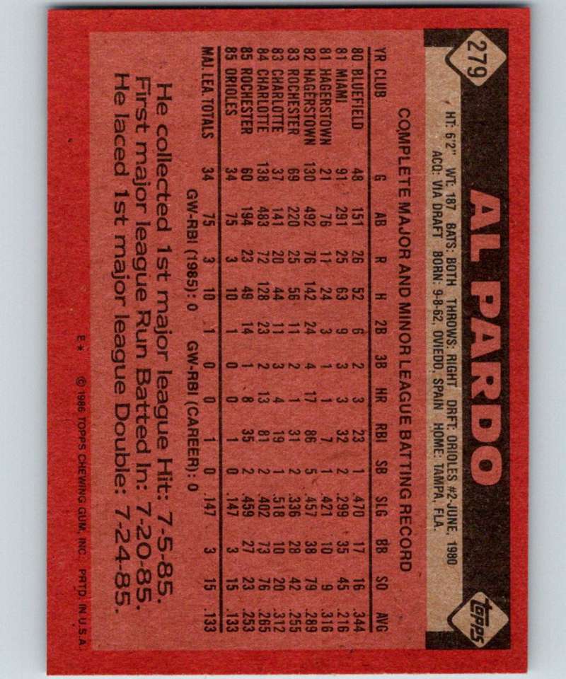 1986 Topps #279 Al Pardo RC Rookie Orioles MLB Baseball